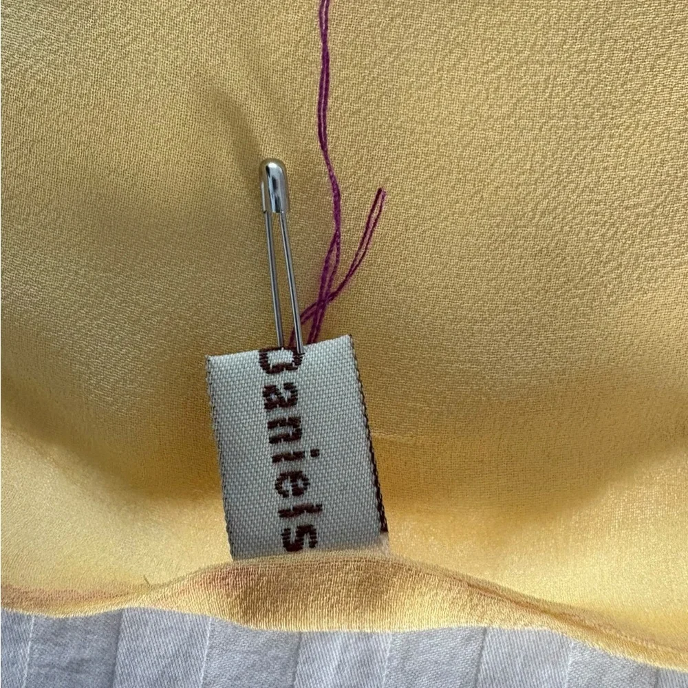 Vintage Susan Daniels oblong silk scarf in yellow with papaya ruffle trim. NWT
